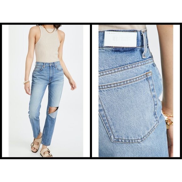 💕RE/DONE💕 70's Straight Leg Jeans ~ Daring Indigo With Rip High Waist 31 NWOT - Picture 3 of 16